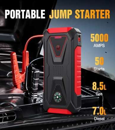 Portable Car Jump Starter with LED Flashlight - 12V Fast Battery Charger, Emergency Start, Compass, Safety Hammer, L