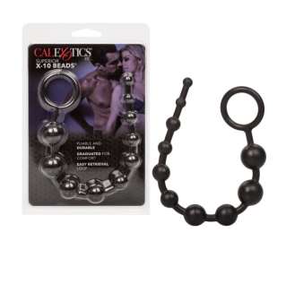 CalExotics Superior X-10 Graduated Pliable Retrieval Looped Anal Beads – Black (flexible, stretchy and durable silicone anal beads with