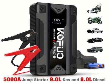 KOPUO 5000A Car Jump Starter (2.38 gallons gasoline / 2.11 gallons diesel), Portable Car Jump Starter, 12V, with Jumper Cables