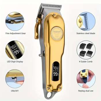 HIENA Hair Clipper, Digital, USB, 4 Combs, Silver Color