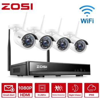 ZOSI H.265+ 8CH 1080P Wireless Security Camera System 1TB Indoor Outdoor, 4x 2.0MP WiFi Surveillance Cameras. ZSWNVK-J82041-W
