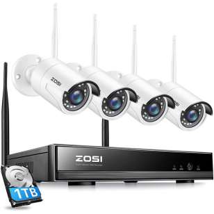 ZOSI Wireless Security Camera System for Home Outdoor, H.265+ 4CH CCTV NVR with 1 TB Hard Drive, 4 Surveillance Cameras